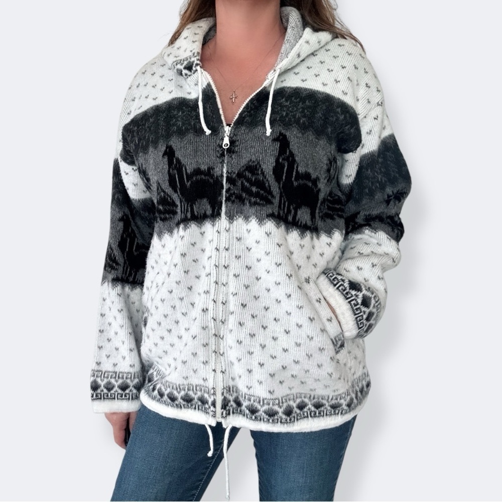 Ecuador Wool Zip Up Hoodie Sweater Llama Andean Aztec Knit Jacket Unisex L/XL
